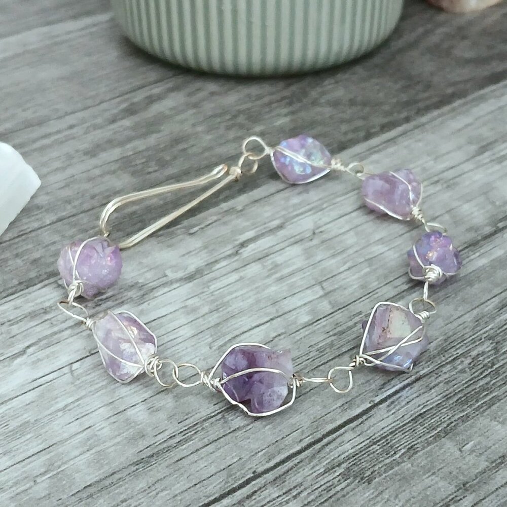 Aura Amethyst Crystal Bracelet, Wire Wrapped, 8" Boho Statement - Picture 2 of 8